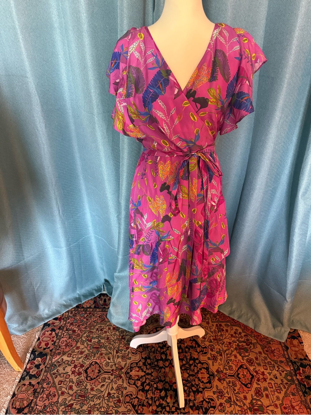 Tanya Taylor Silk Pink Floral Asymmetrical Wrap Dress